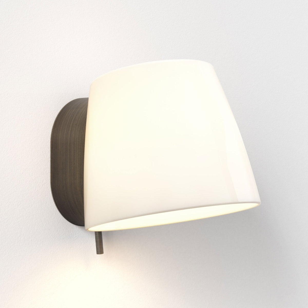 Wall-mounted light fixture with a dark wood base and a white conical shade