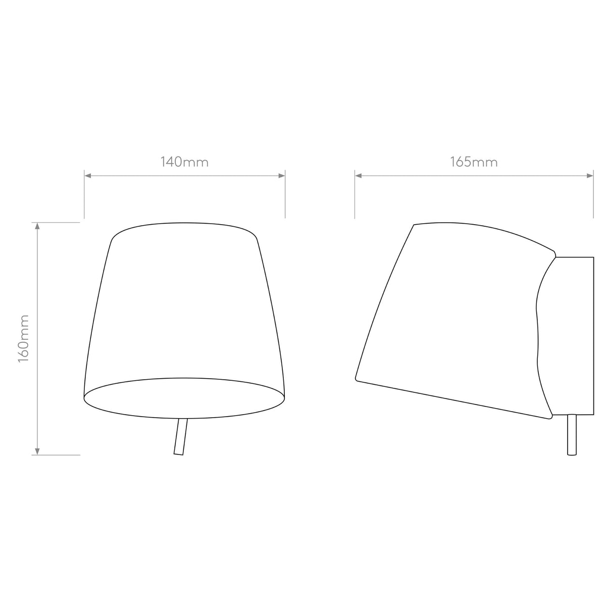 Line drawing of a wall light with dimensions 160mm height, 140mm width, and 165mm depth