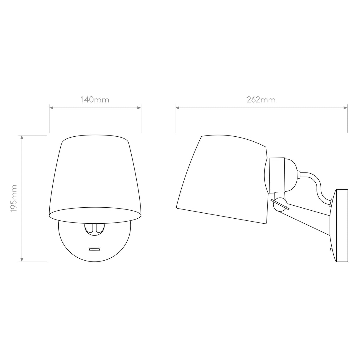Technical drawing of a wall light with shade, front and side views, showing dimensions 195mm, 140mm, 262mm