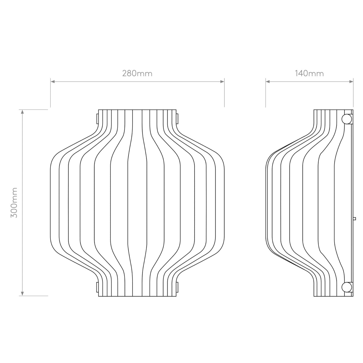Technical drawing of the product with dimensions 300mm height, 280mm width, and 140mm depth