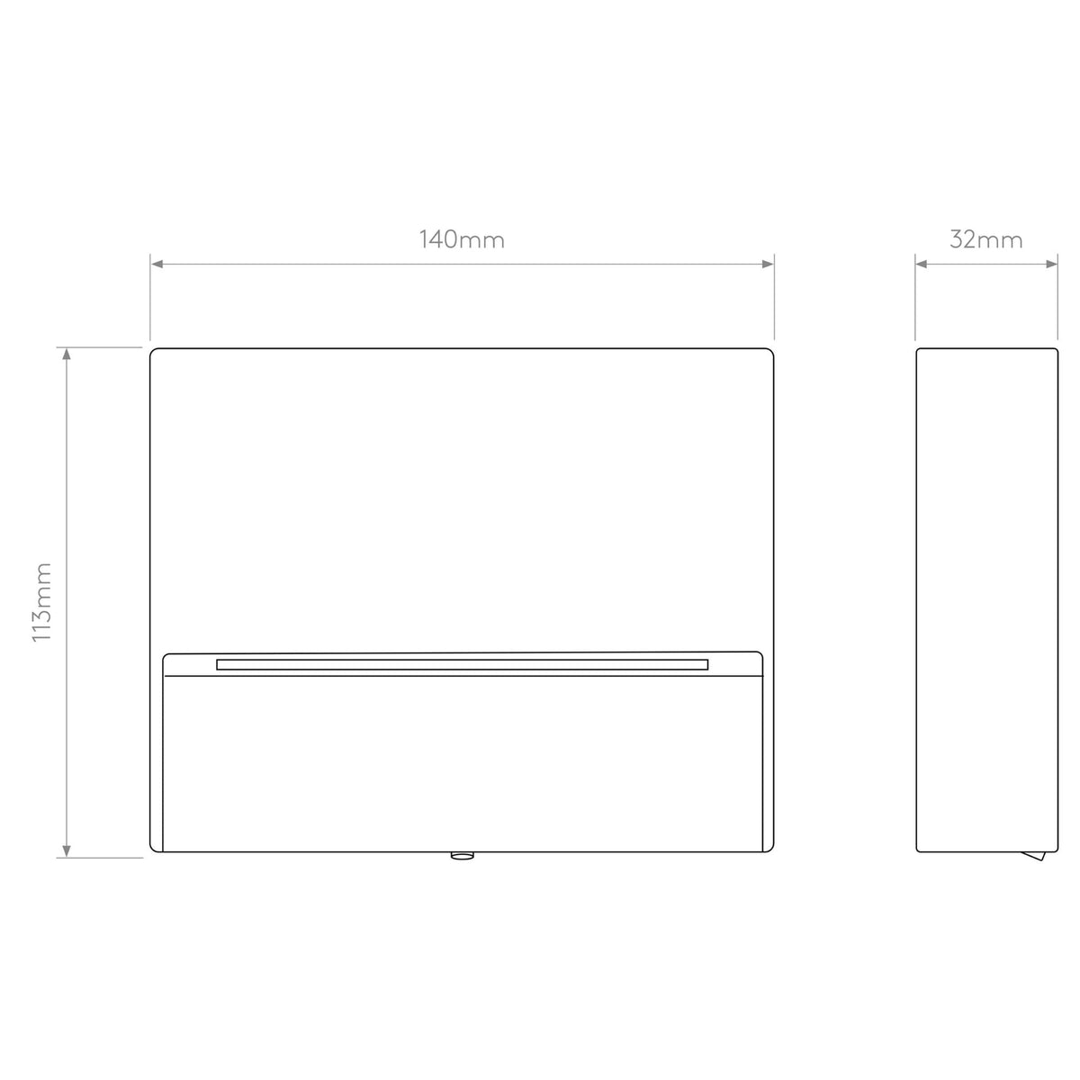 Diagram of a rectangular light fixture with dimensions 140mm wide, 113mm high, and 32mm deep