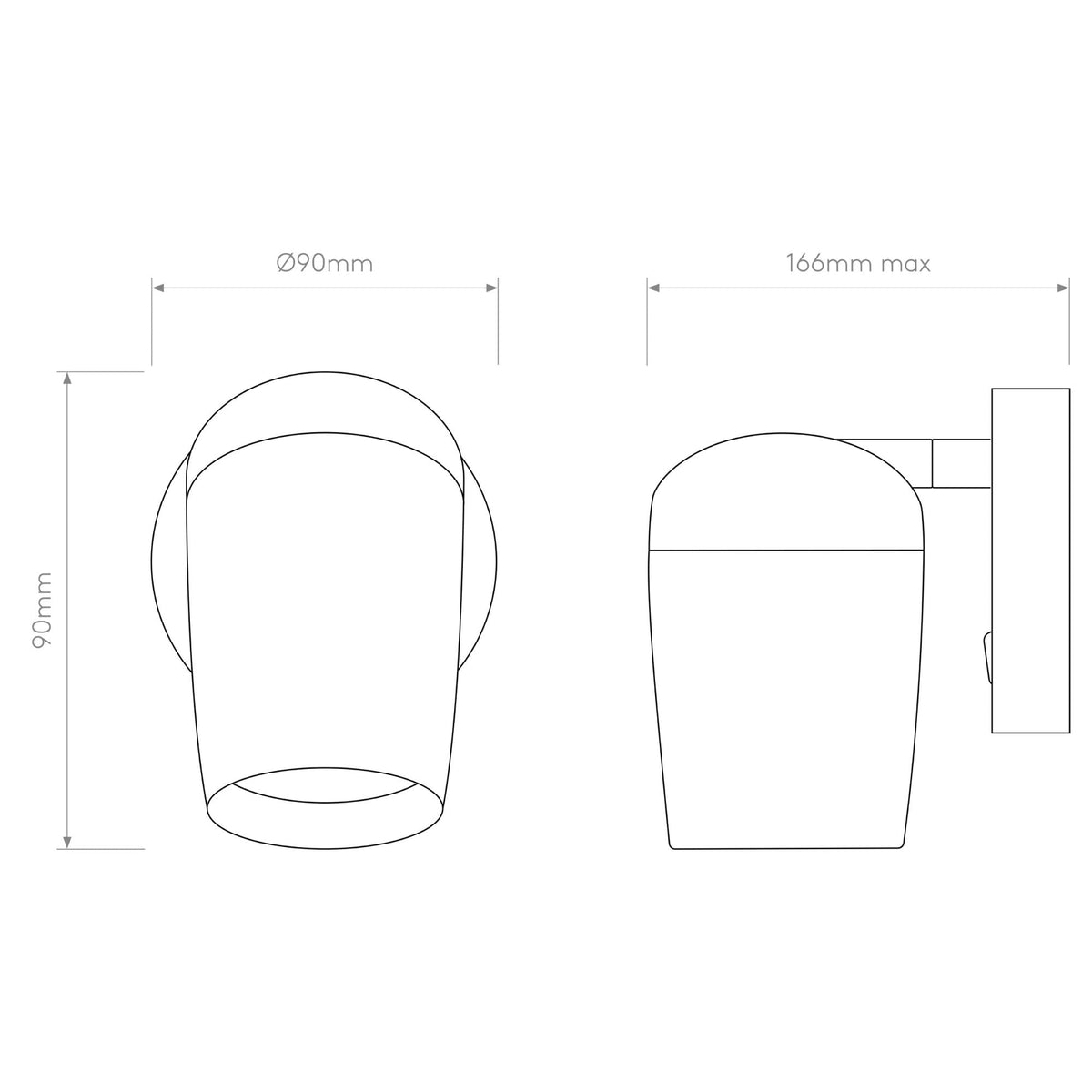 Line drawing of a wall light with dimensions: 90mm height, 90mm diameter, 166mm max projection