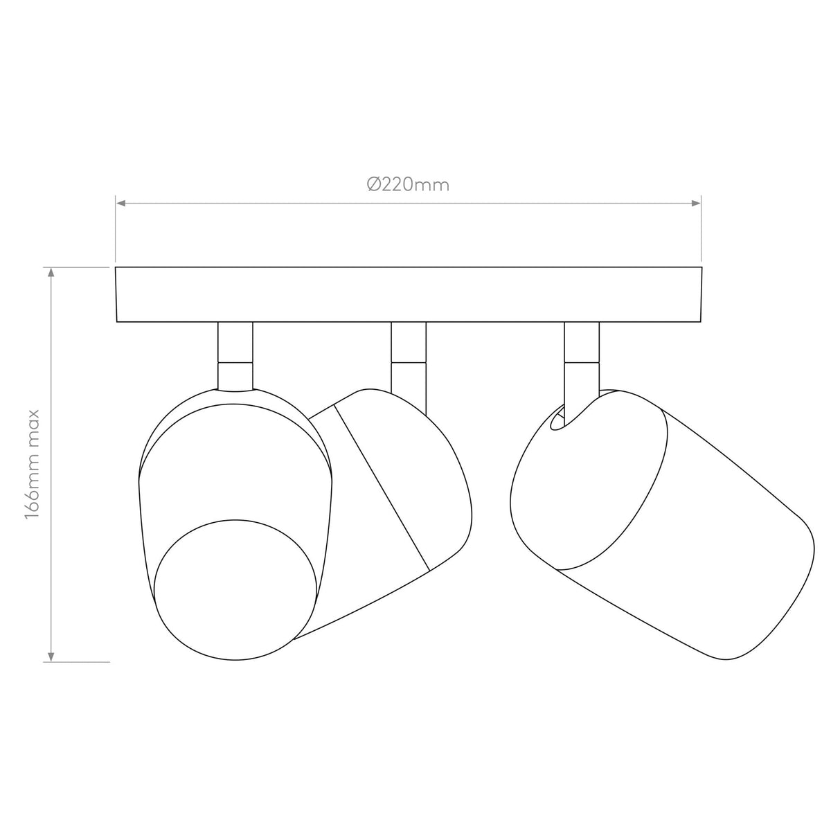 Technical drawing of a three-light track light fixture with dimensions