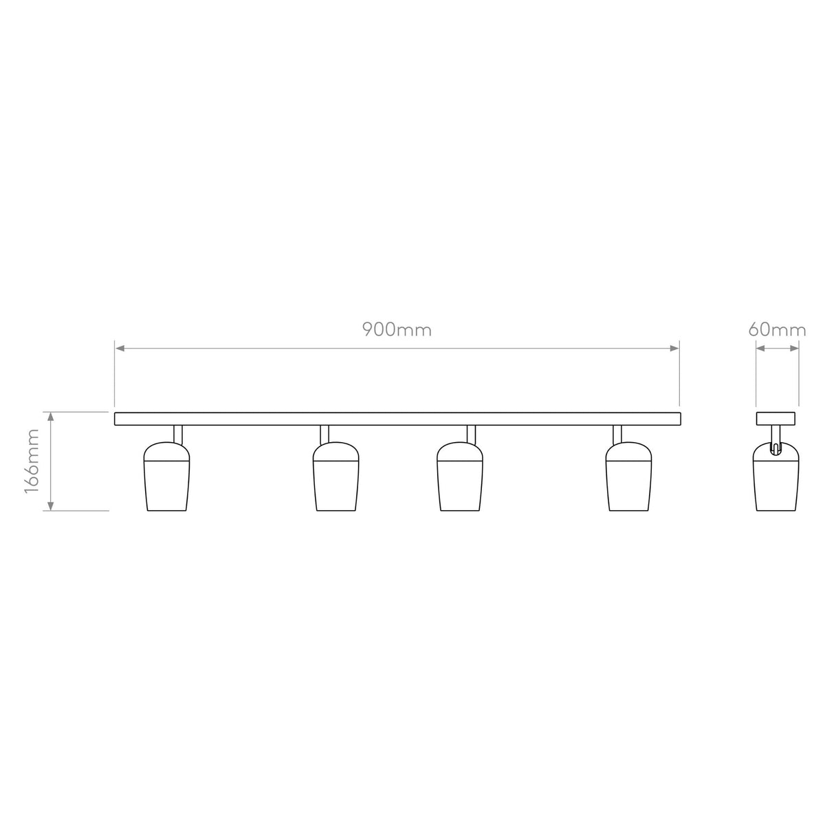 Line drawing of a four-light track bar, with dimensions 900mm length, 166mm height, and 60mm width