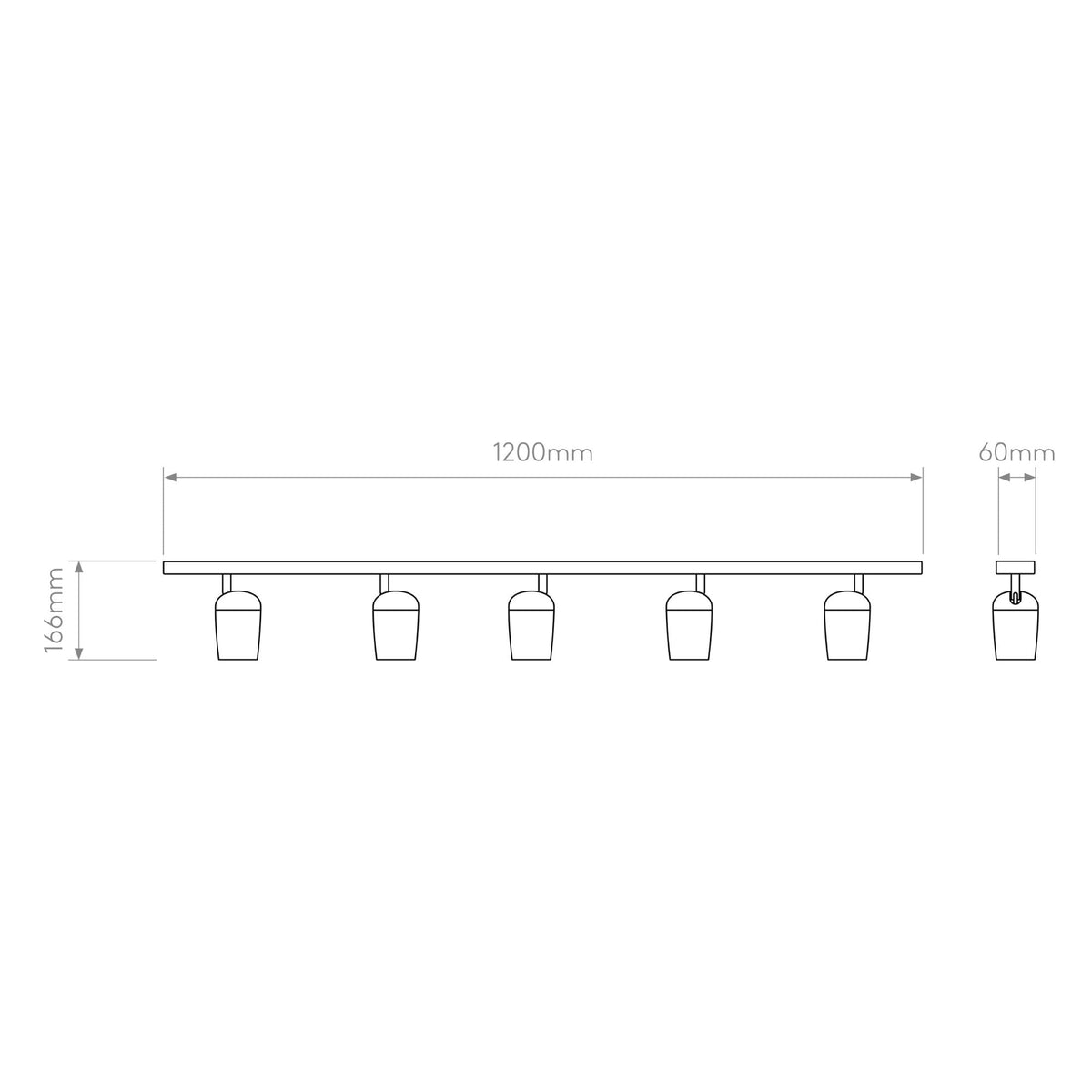 Line drawing of a 5-light bar pendant with dimensions: 1200mm length, 166mm height, 60mm width