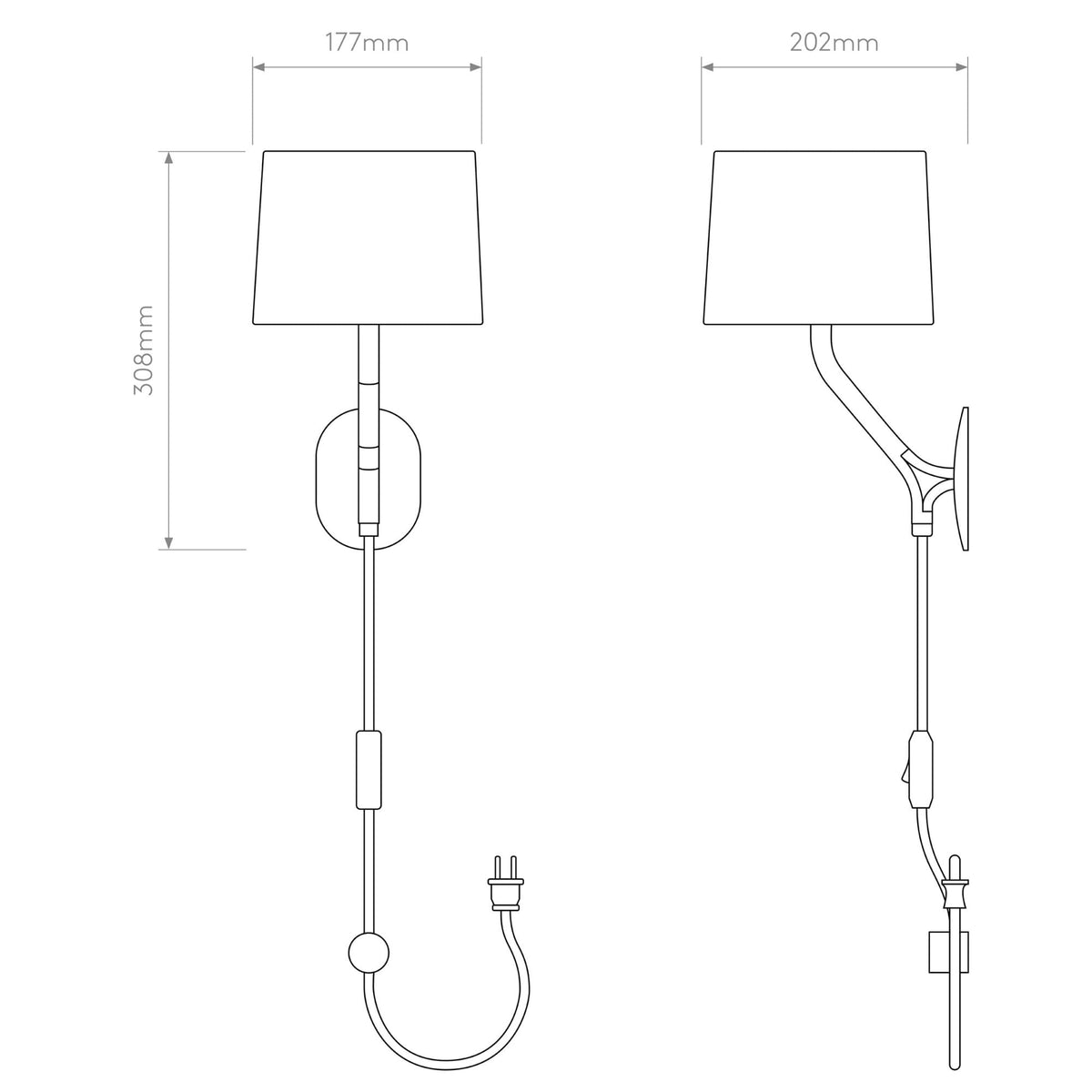 Line drawing of two wall lamps with shades and dimensions
