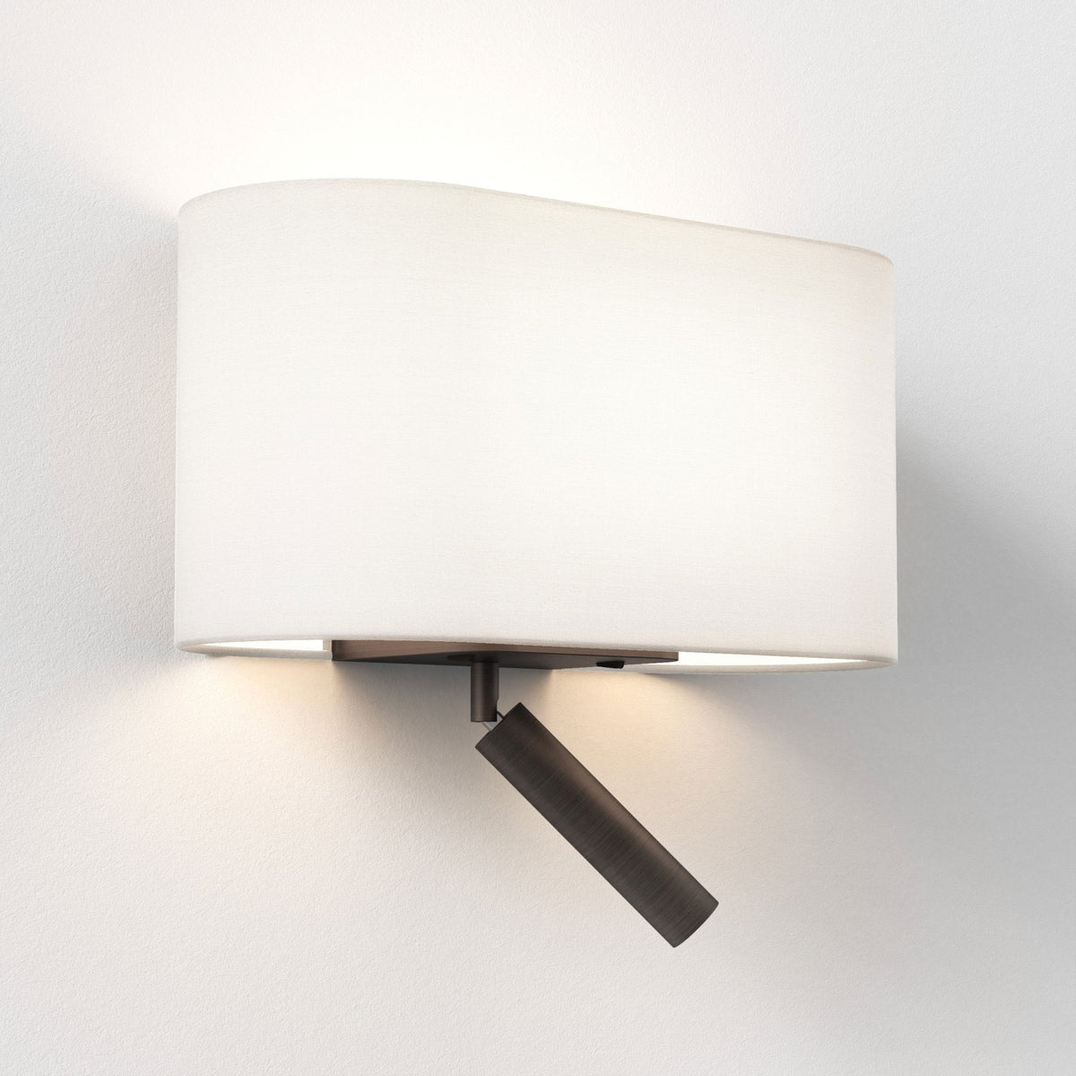 Wall mounted light with a white rectangular shade and a dark bronze adjustable reading light