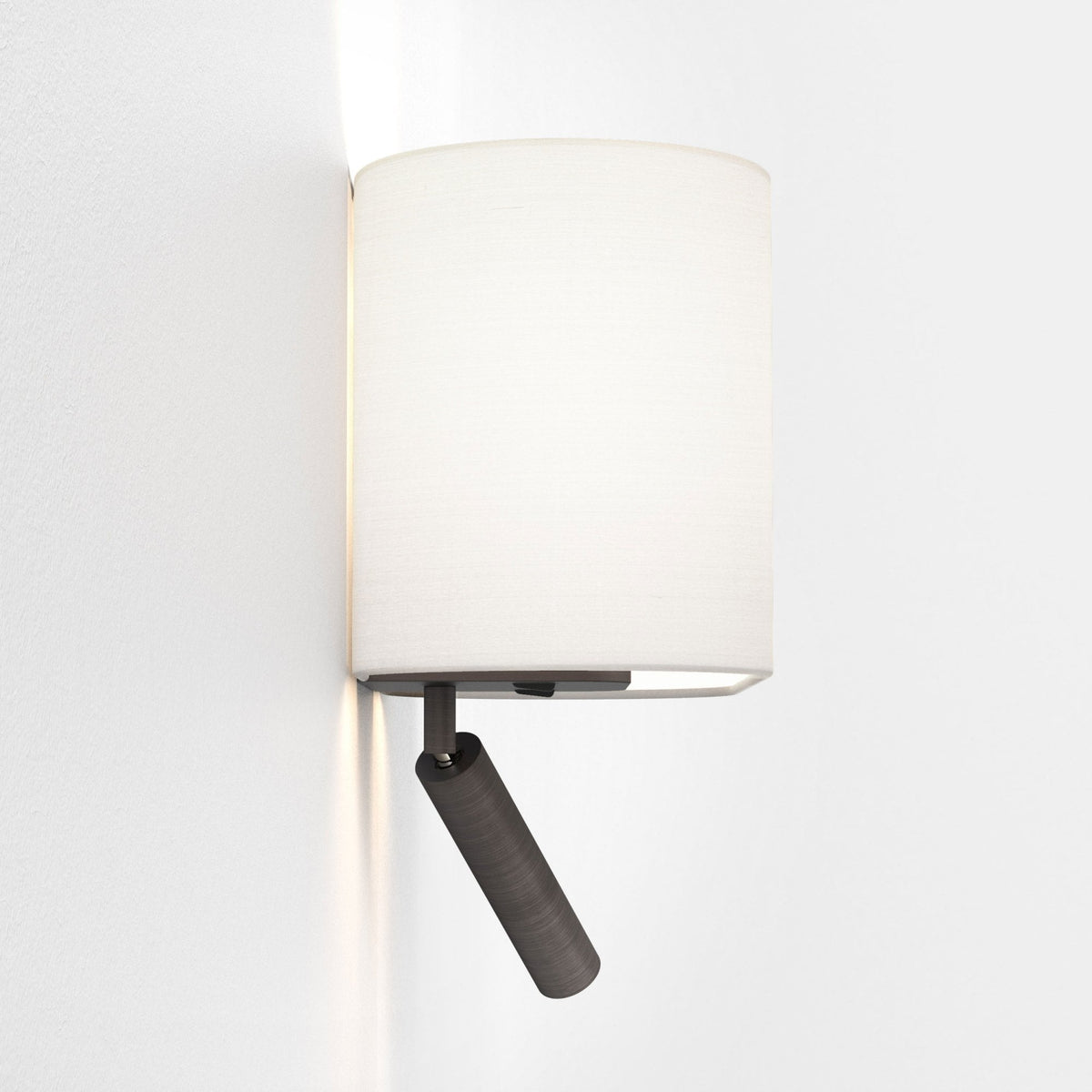 White fabric cylindrical wall light with a dark metal adjustable reading light below