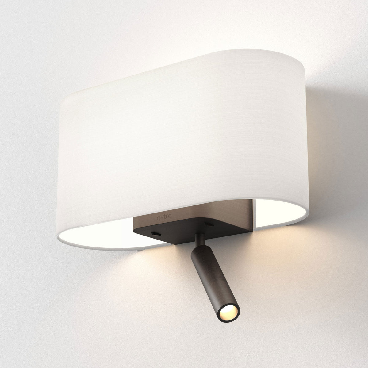 Astro wall light with a white oval shade and a bronze base with an adjustable spotlight