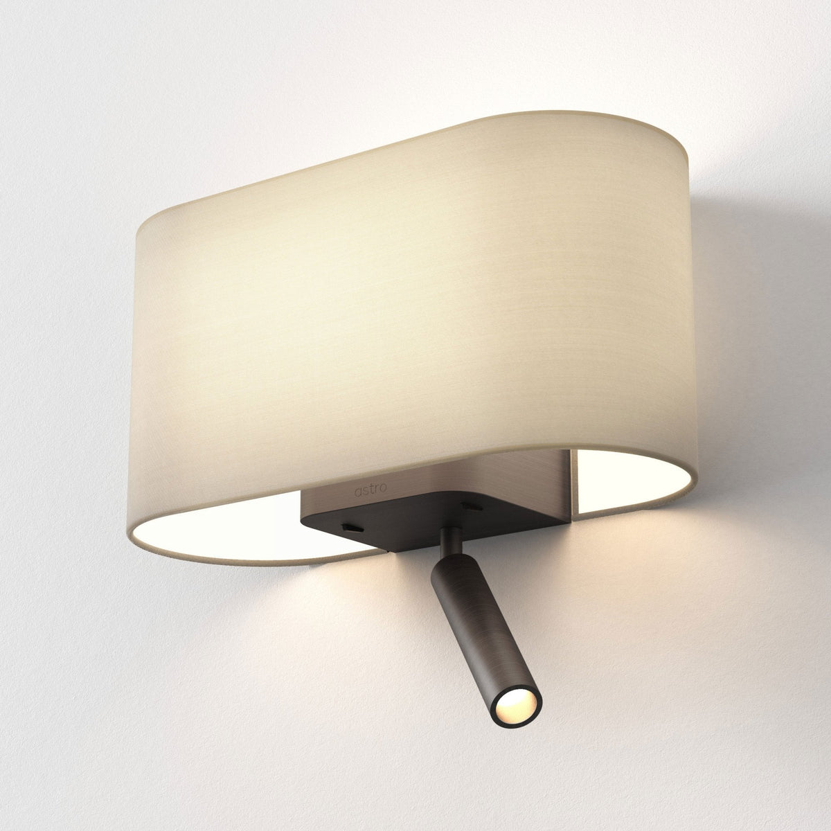 Astro wall light with an oval fabric shade and an adjustable reading light below