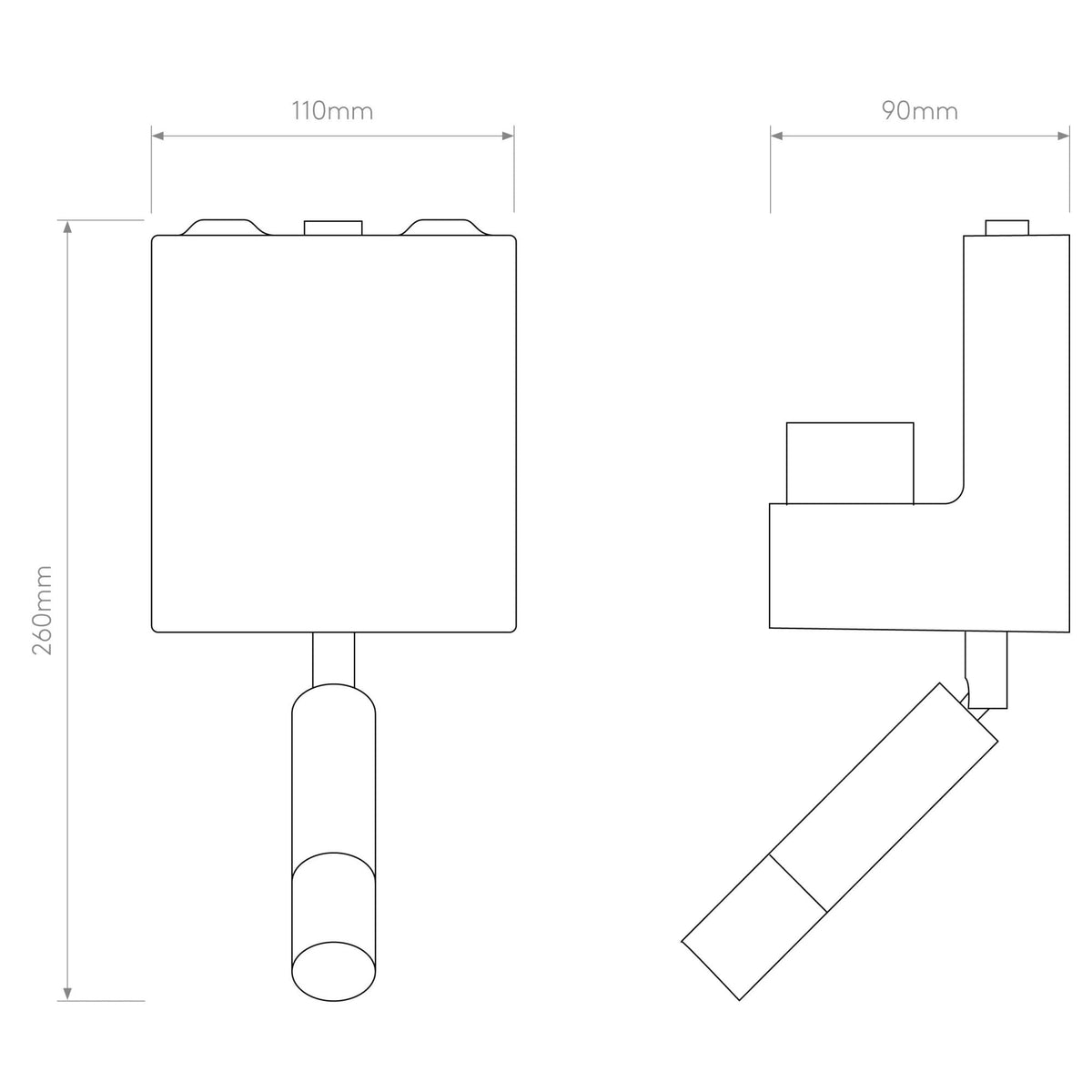 Line drawing of a light fixture with dimensions 260mm height, 110mm width, and 90mm depth