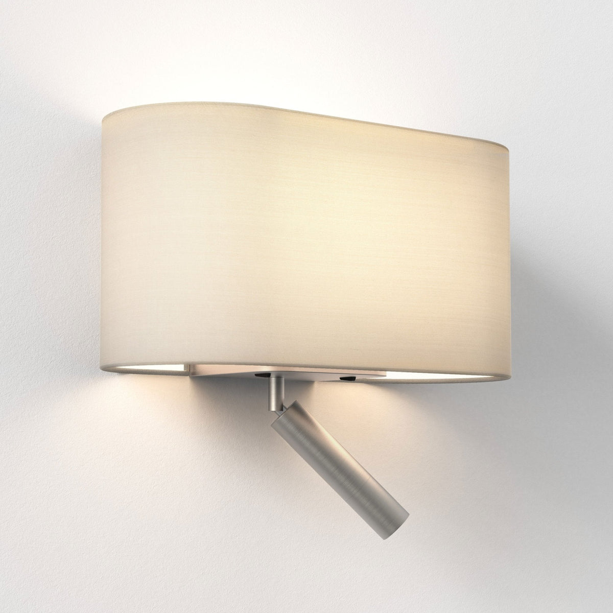 Wall-mounted light fixture with an oval fabric shade and an adjustable brushed metal reading light below