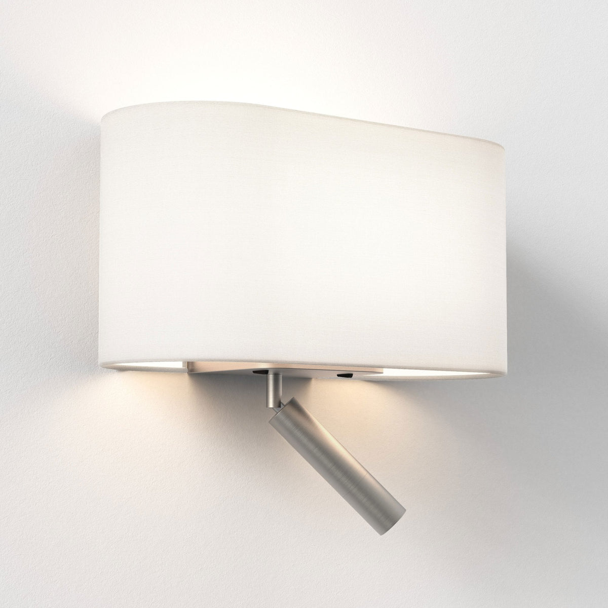 White rectangular wall light with a brushed metal adjustable reading light below