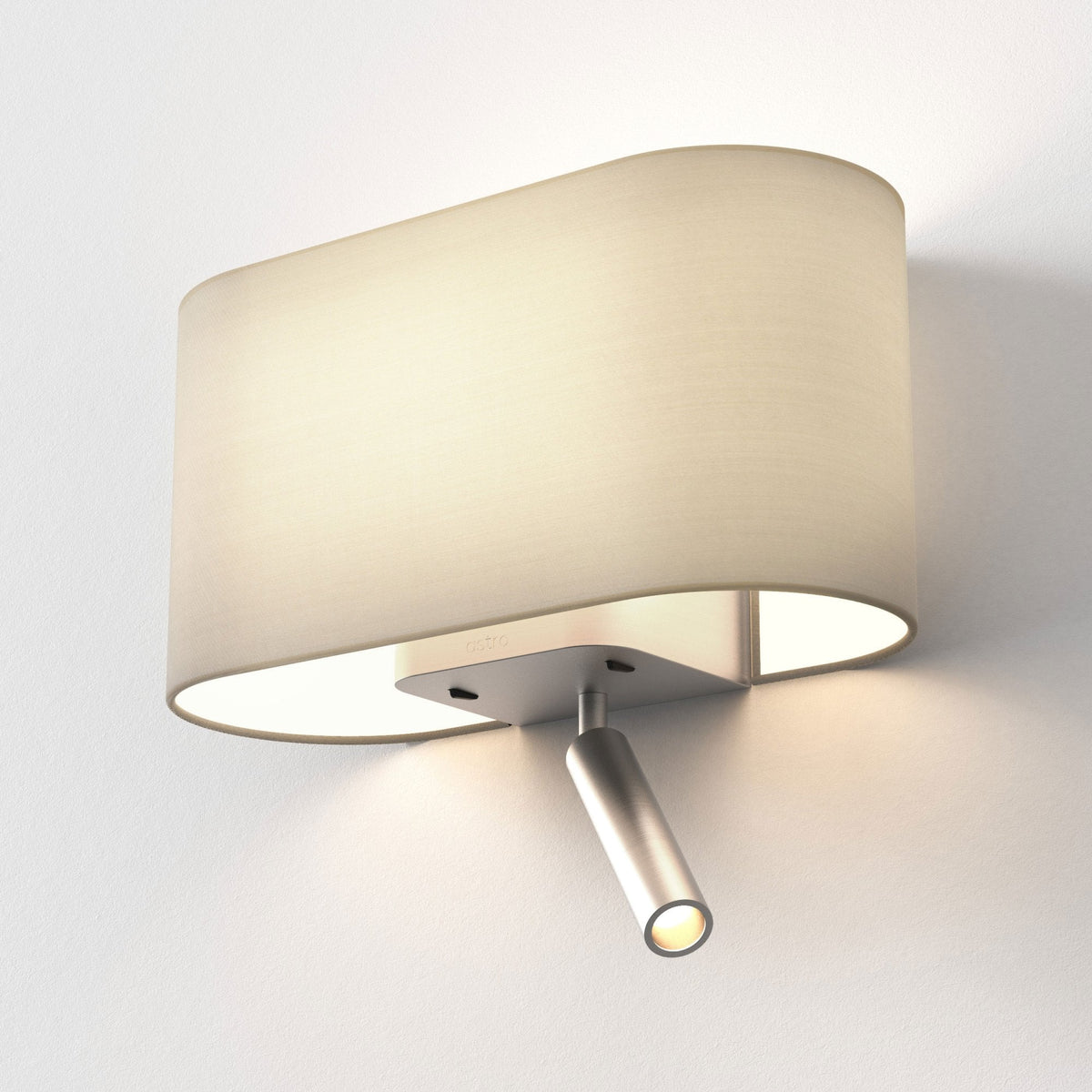 Astro wall light with an oval fabric shade and an adjustable brushed metal spotlight below