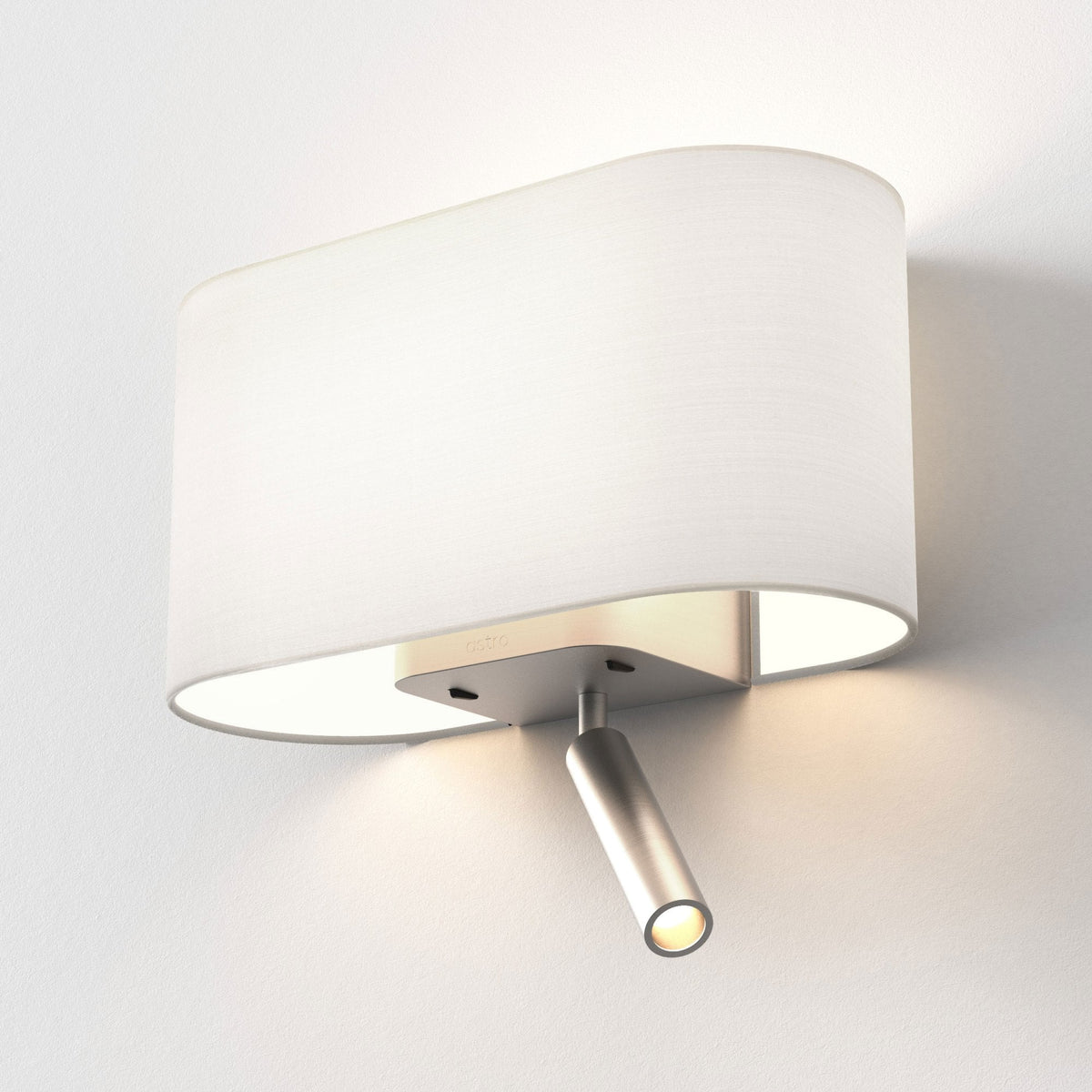White fabric wall light with a brushed metal adjustable reading light below