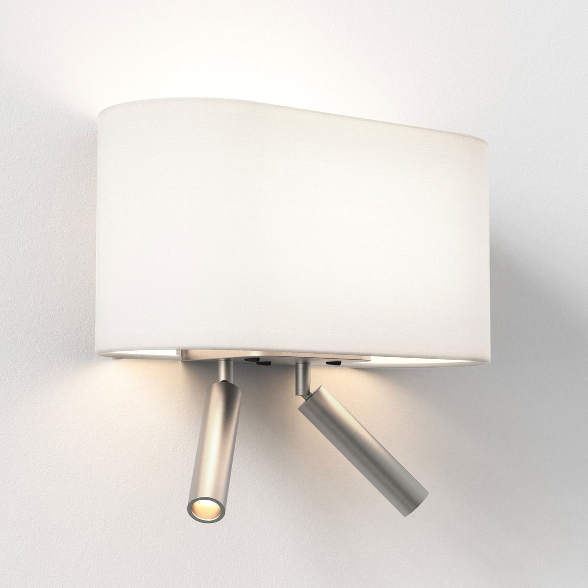 White wall light with two adjustable brushed metal spotlights