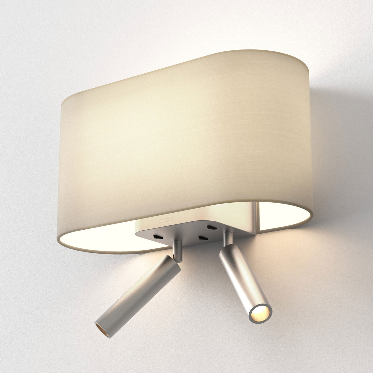 Astro wall light with an oval fabric shade and two adjustable brushed nickel spotlights