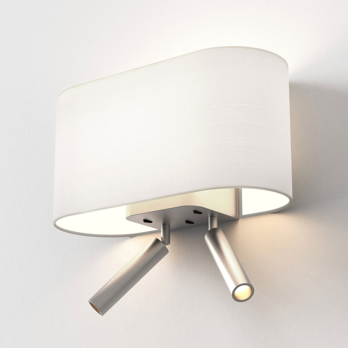 Astro wall light with an oval white fabric shade and two adjustable brushed nickel spotlights