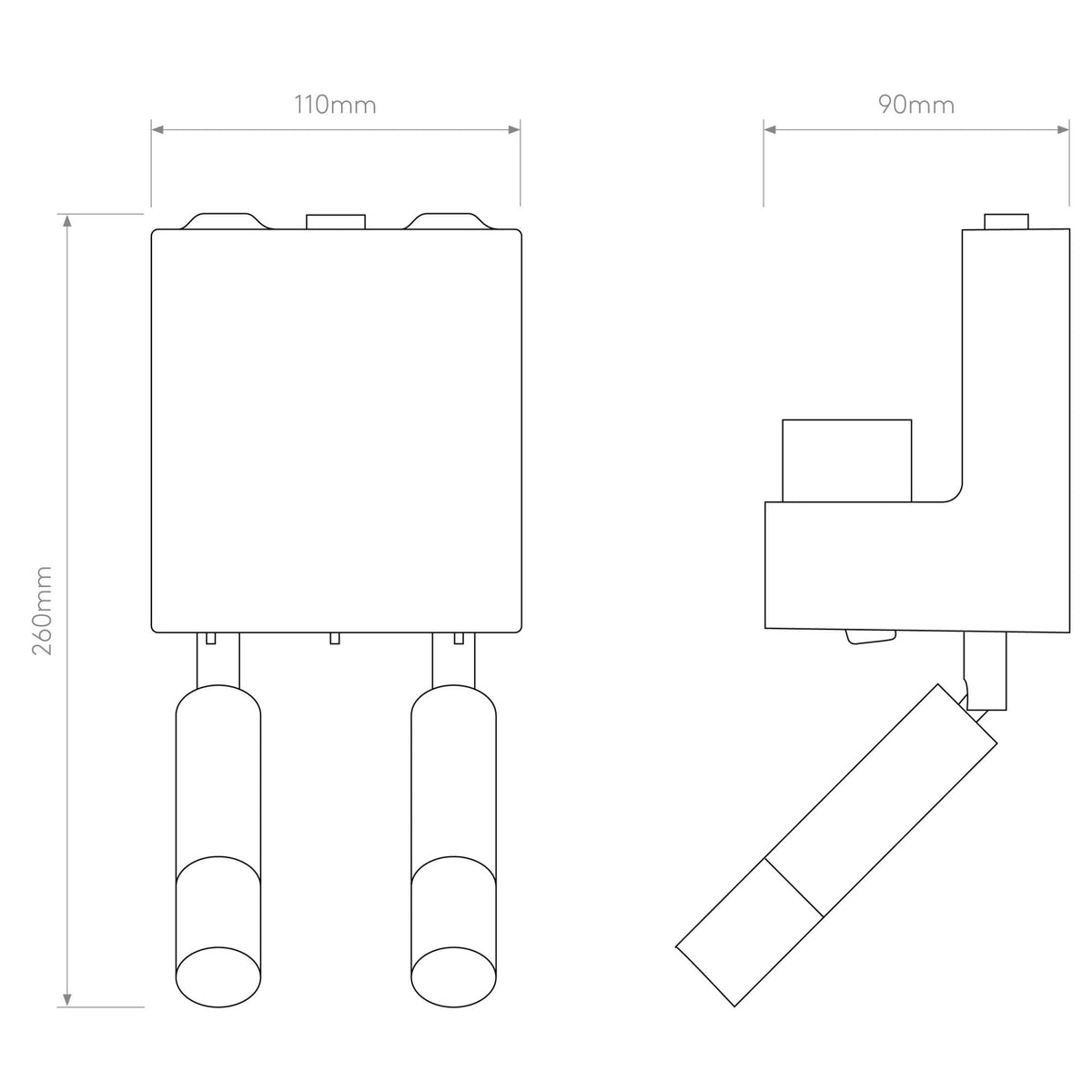 Line drawing of a double spotlight, front and side view, with dimensions 260mm by 110mm by 90mm