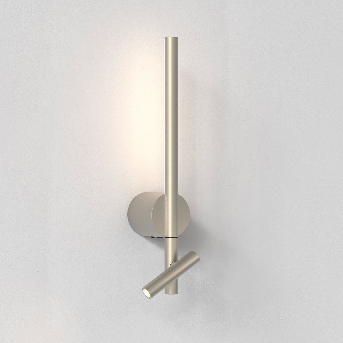 Brushed brass wall light with a long vertical bar and a shorter adjustable light pointing downwards