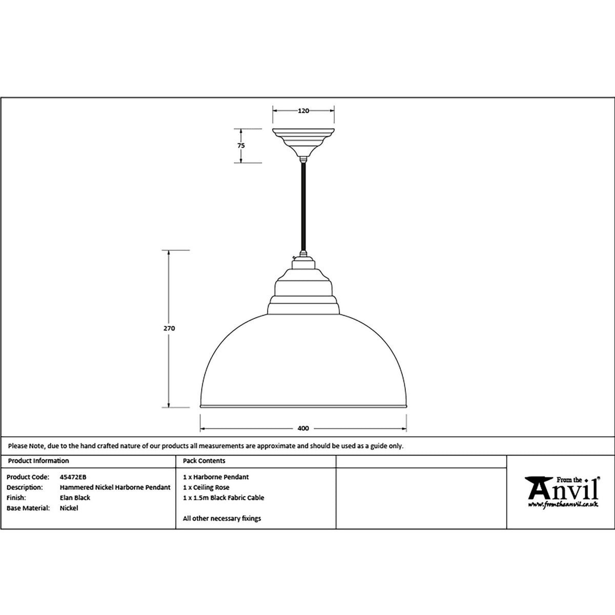 Hammered Nickel Harborne Pendant in Elan Black