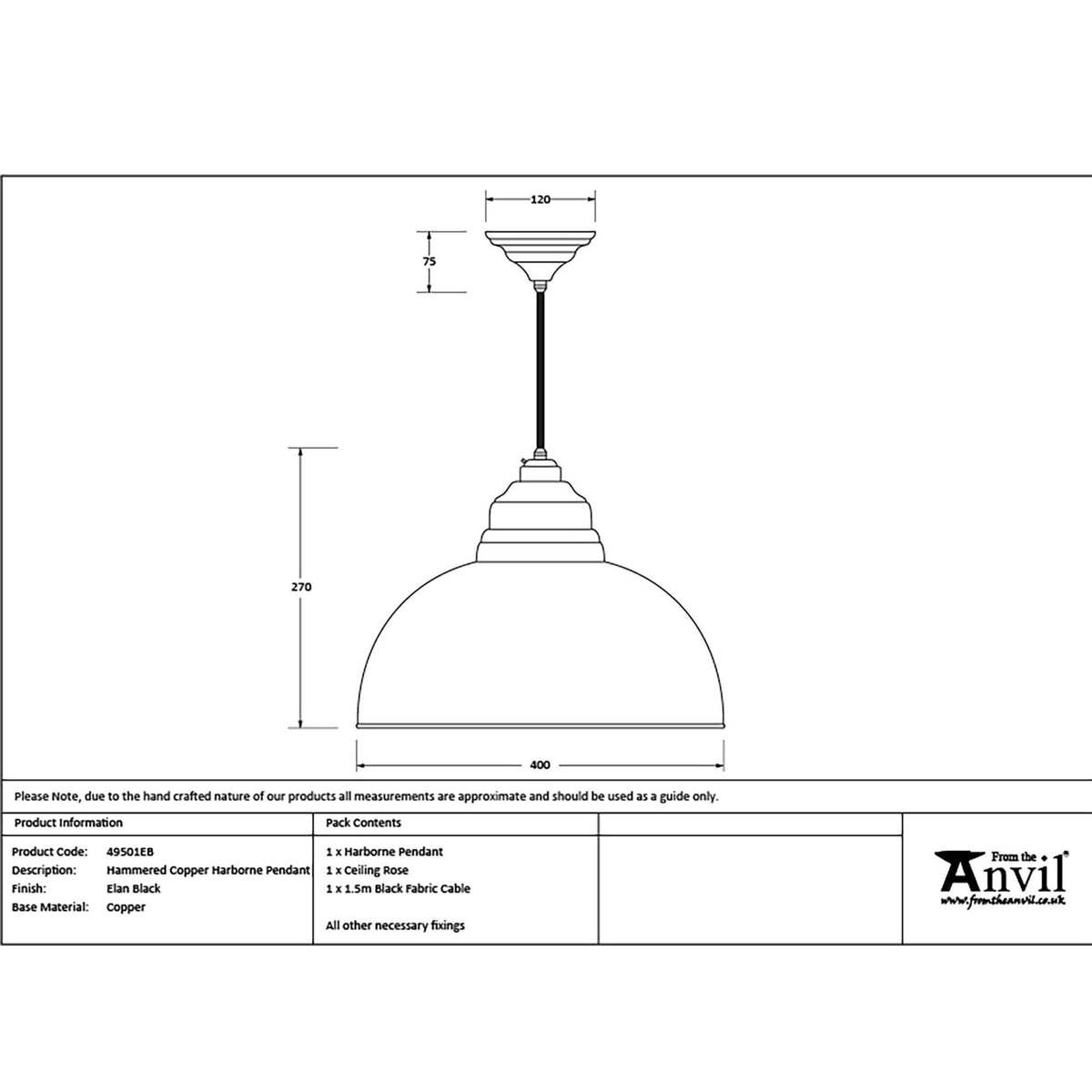 Hammered Copper Harborne Pendant in Elan Black