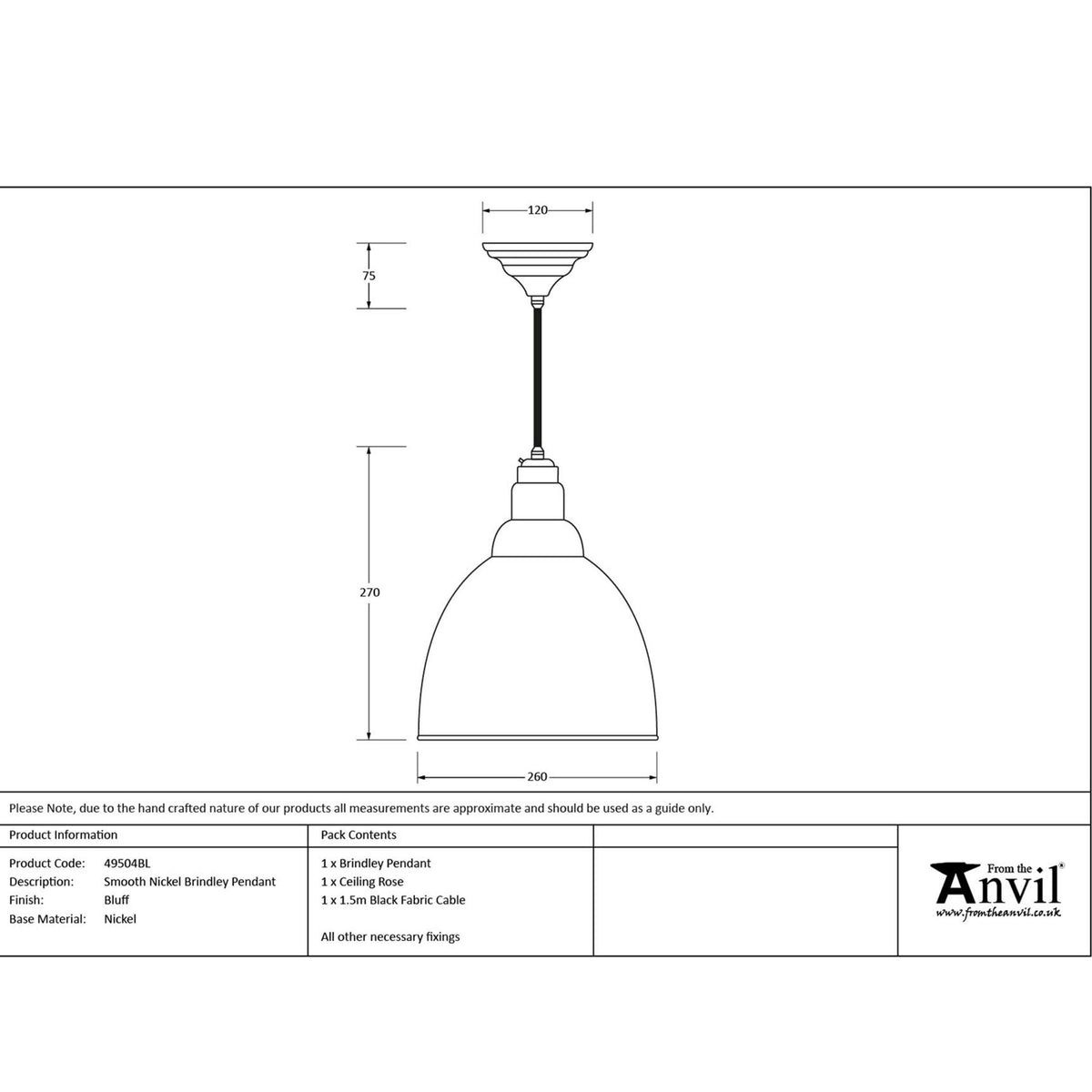 Technical drawing illustrating dimensions and specifications of the pendant light.