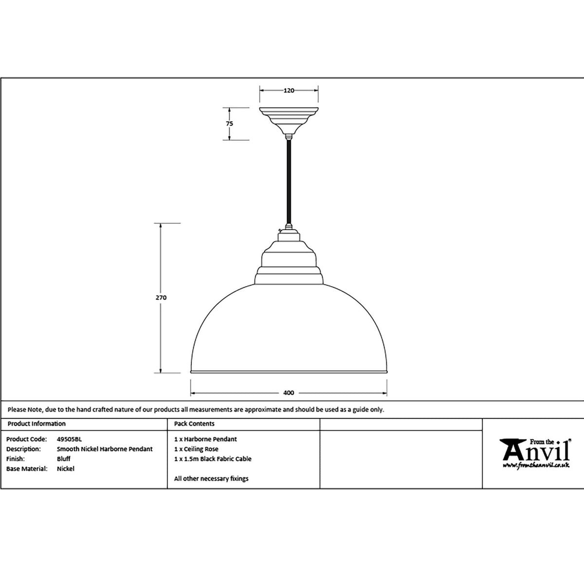 A technical drawing detailing the dimensions and specifications of the Anvil industrial pendant light.