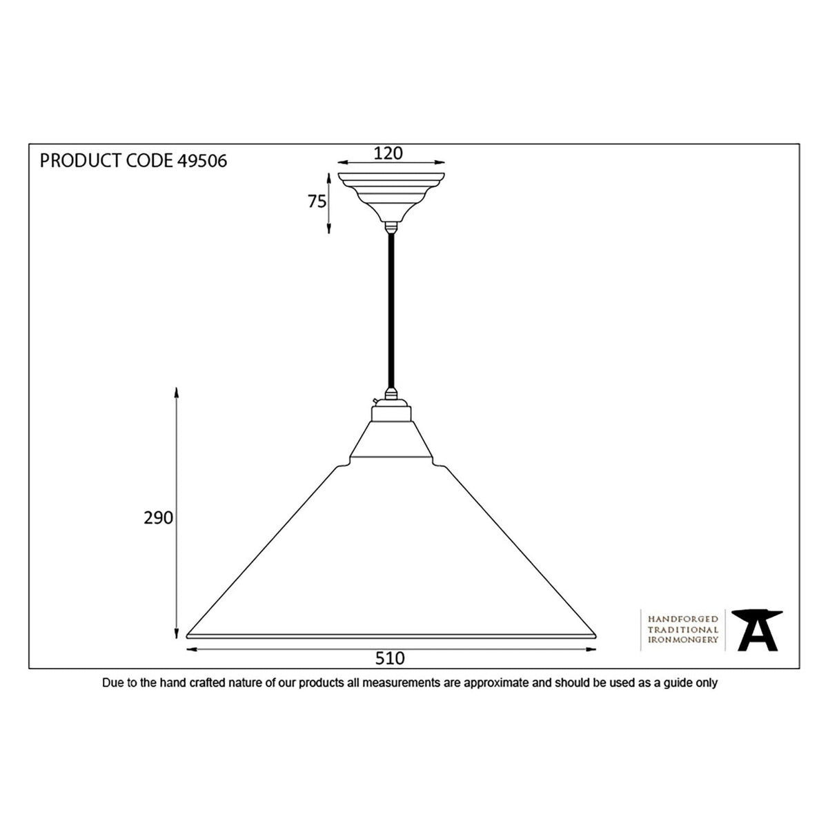 A line drawing of the pendant light with key dimensions for easy installation.