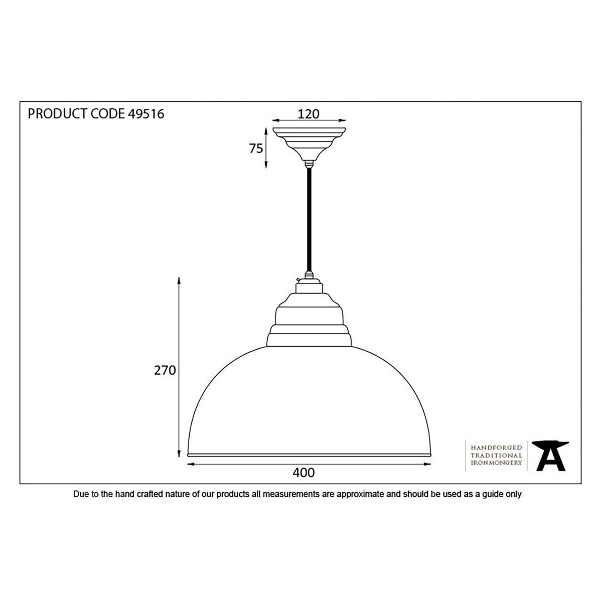 Line drawing of the dome pendant light with dimensions in millimetres for scale.