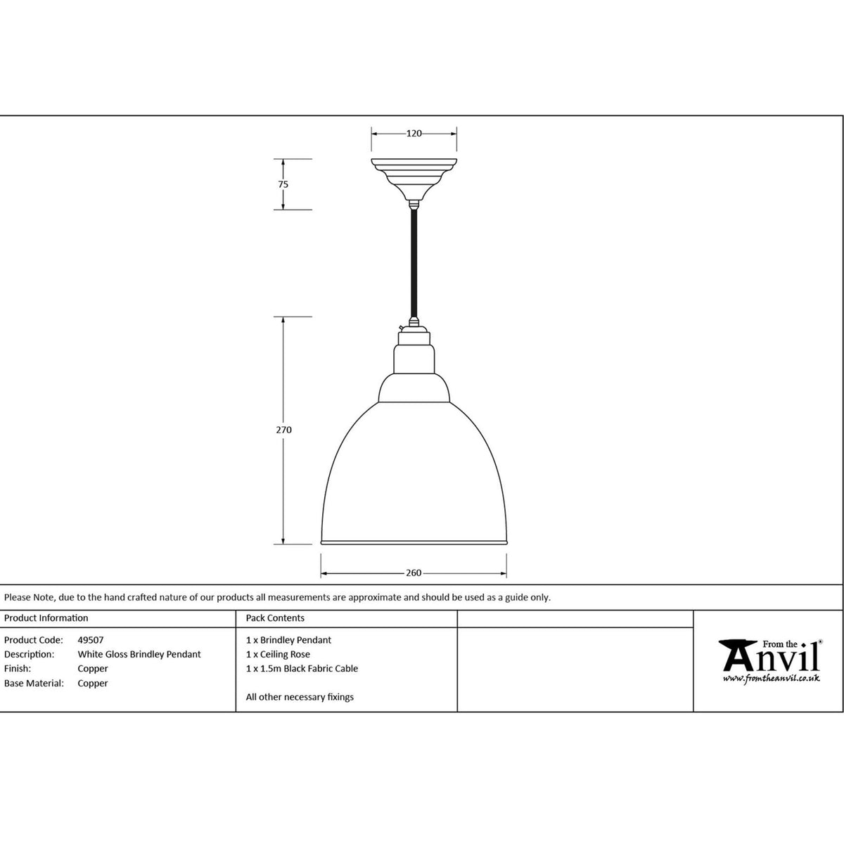 A technical drawing displaying the dimensions and components of the pendant light.