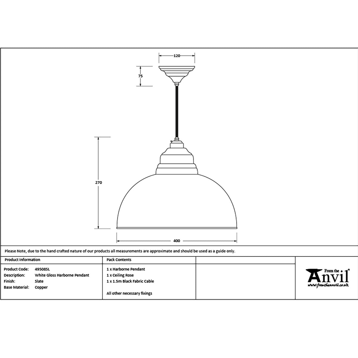 A diagram with the measurements of the Oxford pendant light.
