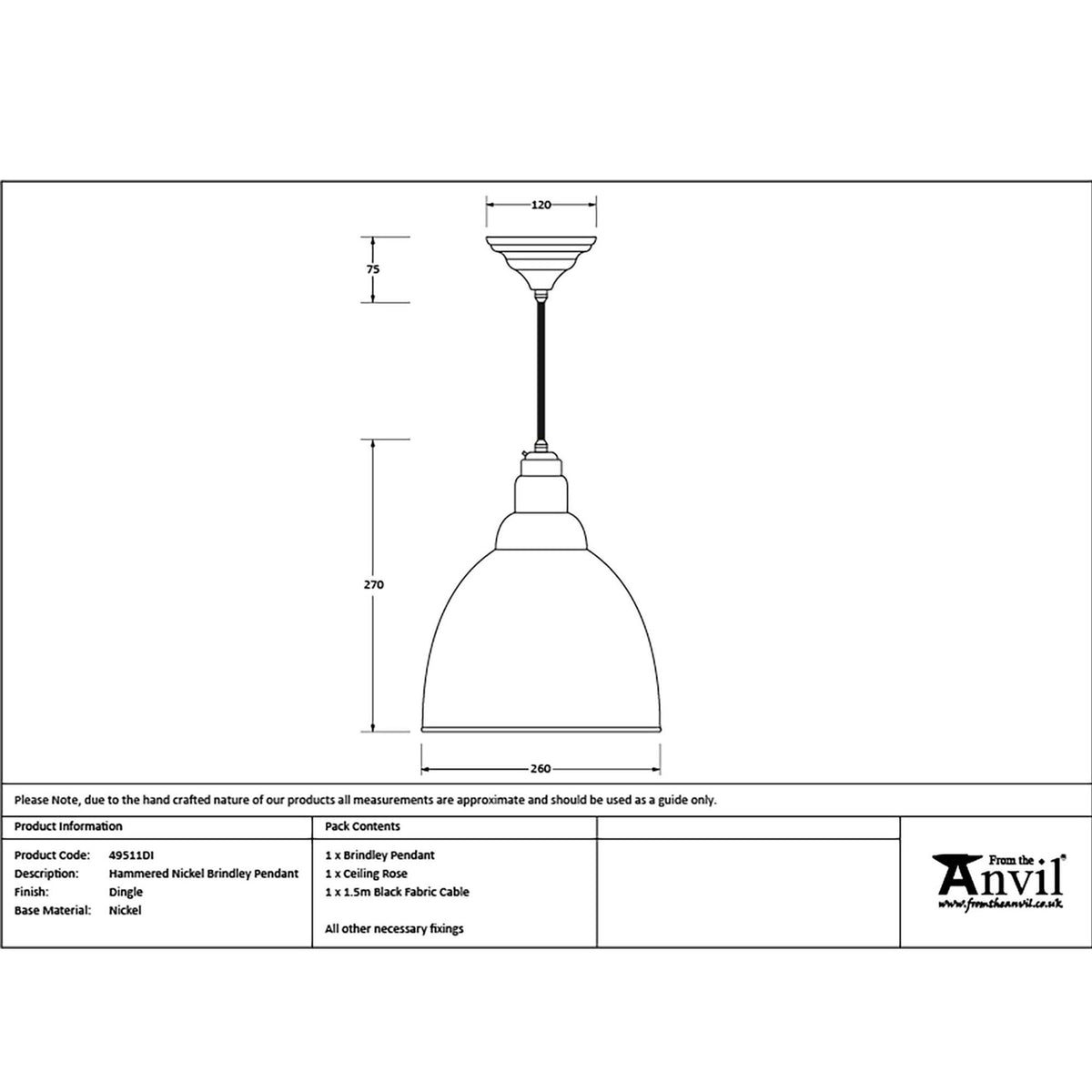 A technical drawing of the pendant light, showing its dimensions and product specifications. 