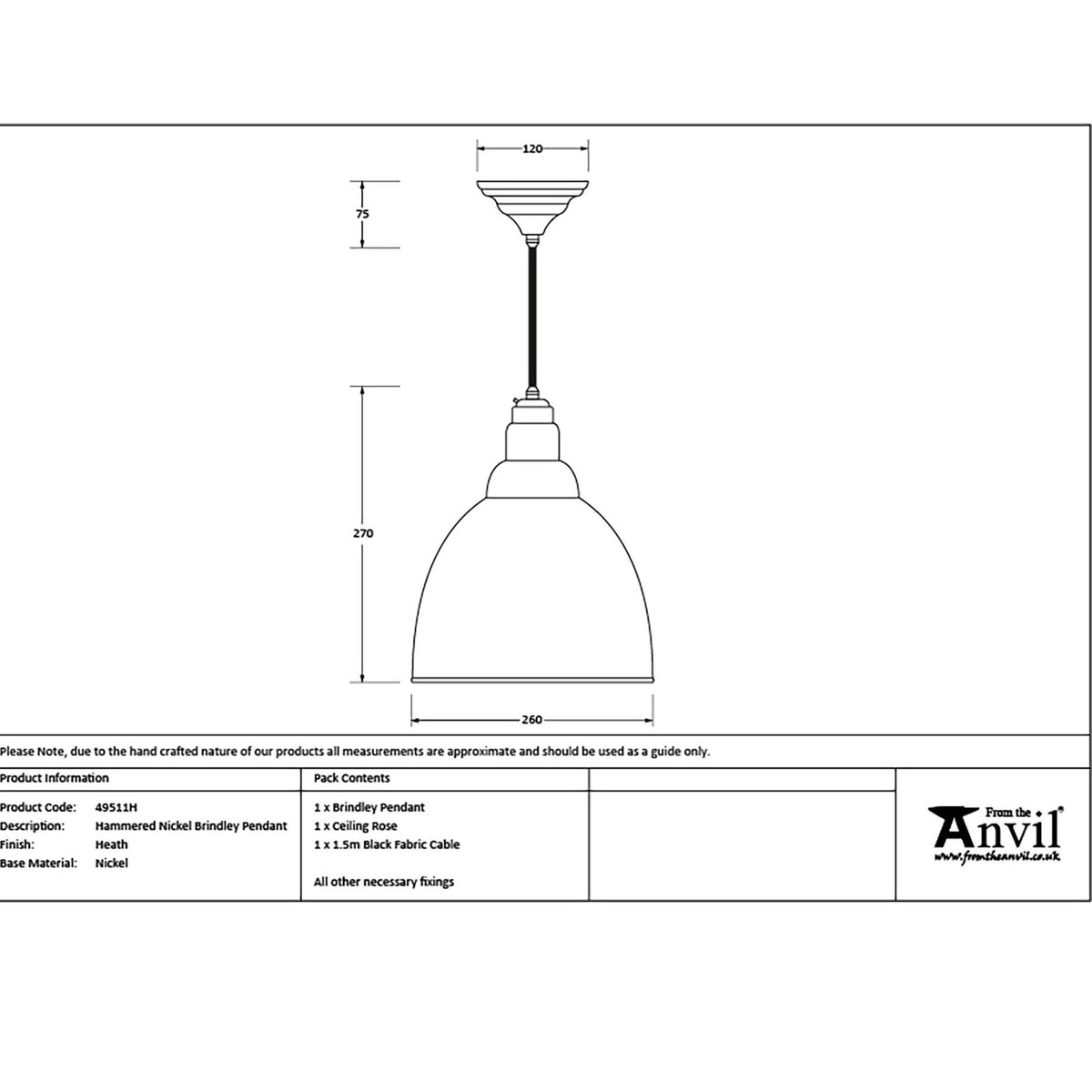 A technical drawing of the pendant light, showing dimensions and components.