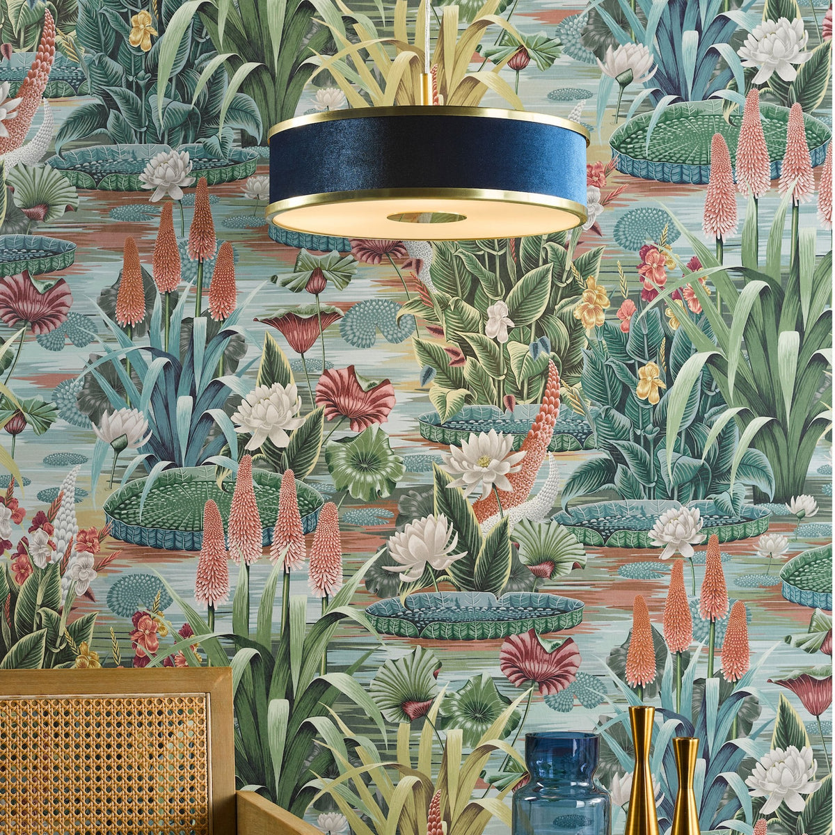 Alvaro Pendant In Brushed Brass With Navy Blue Velvet Shade