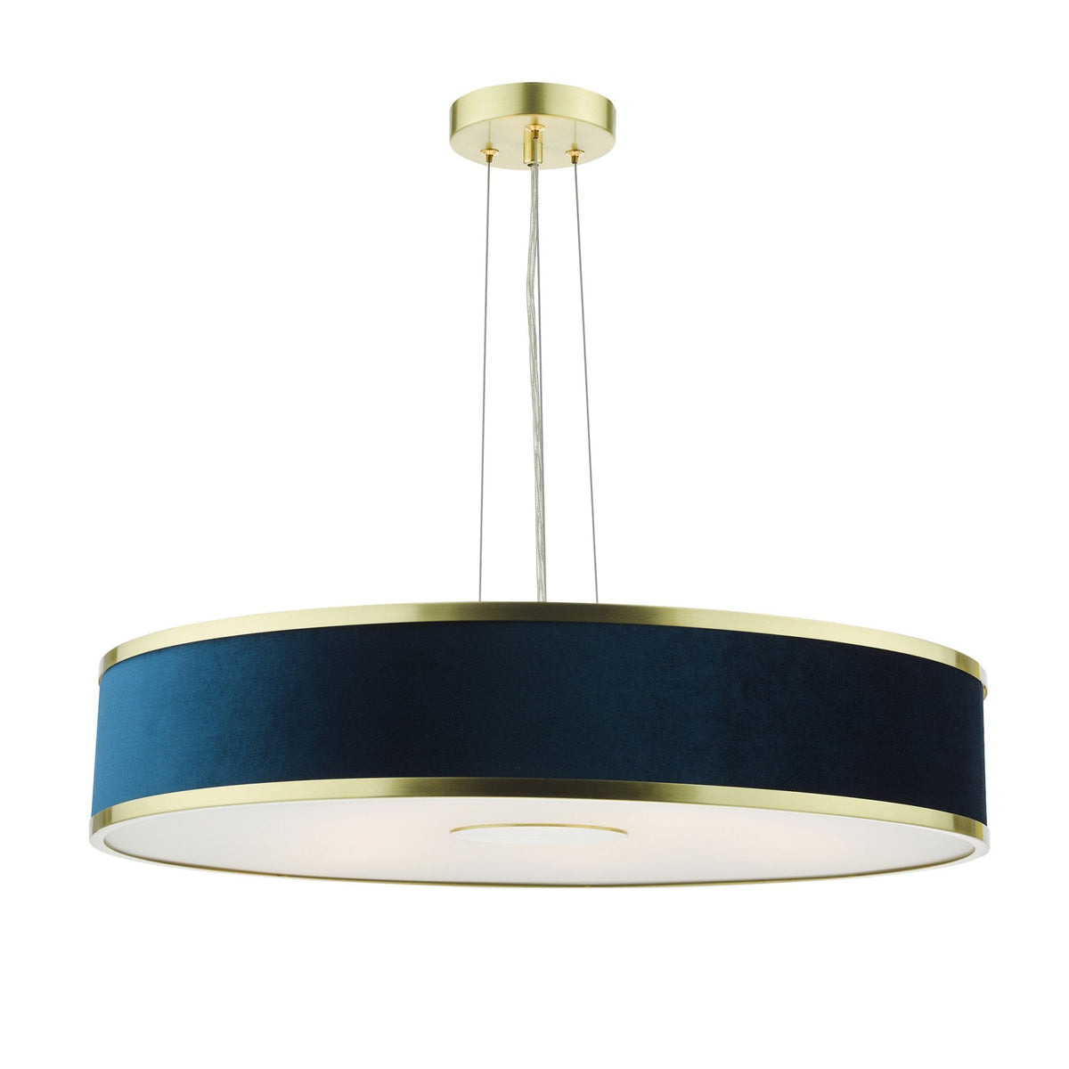 Round, blue velvet pendant light with gold trim and a white diffuser, hanging from a gold ceiling plate.
