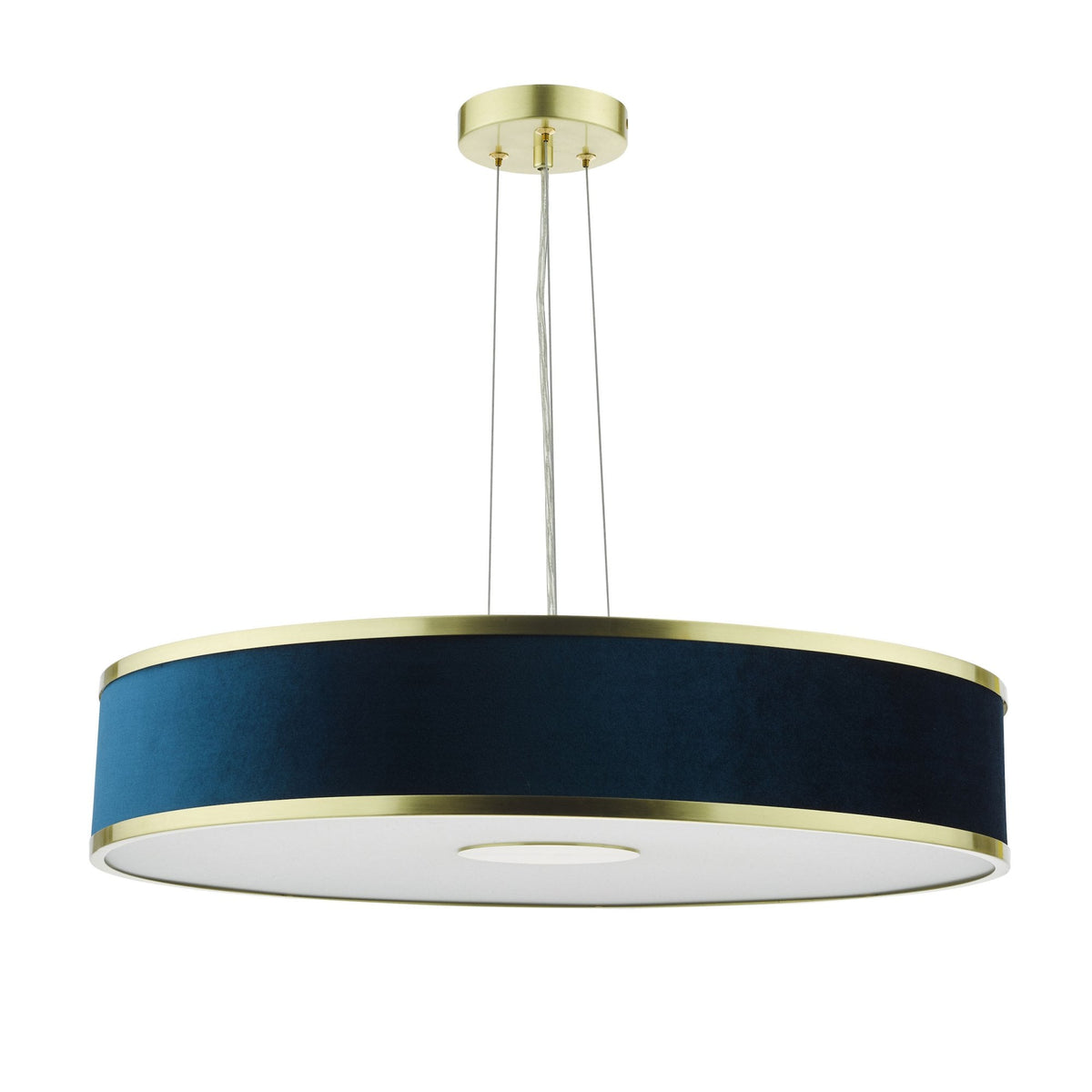 Round ceiling light with a gold base, a dark blue velvet shade, and a white diffuser.