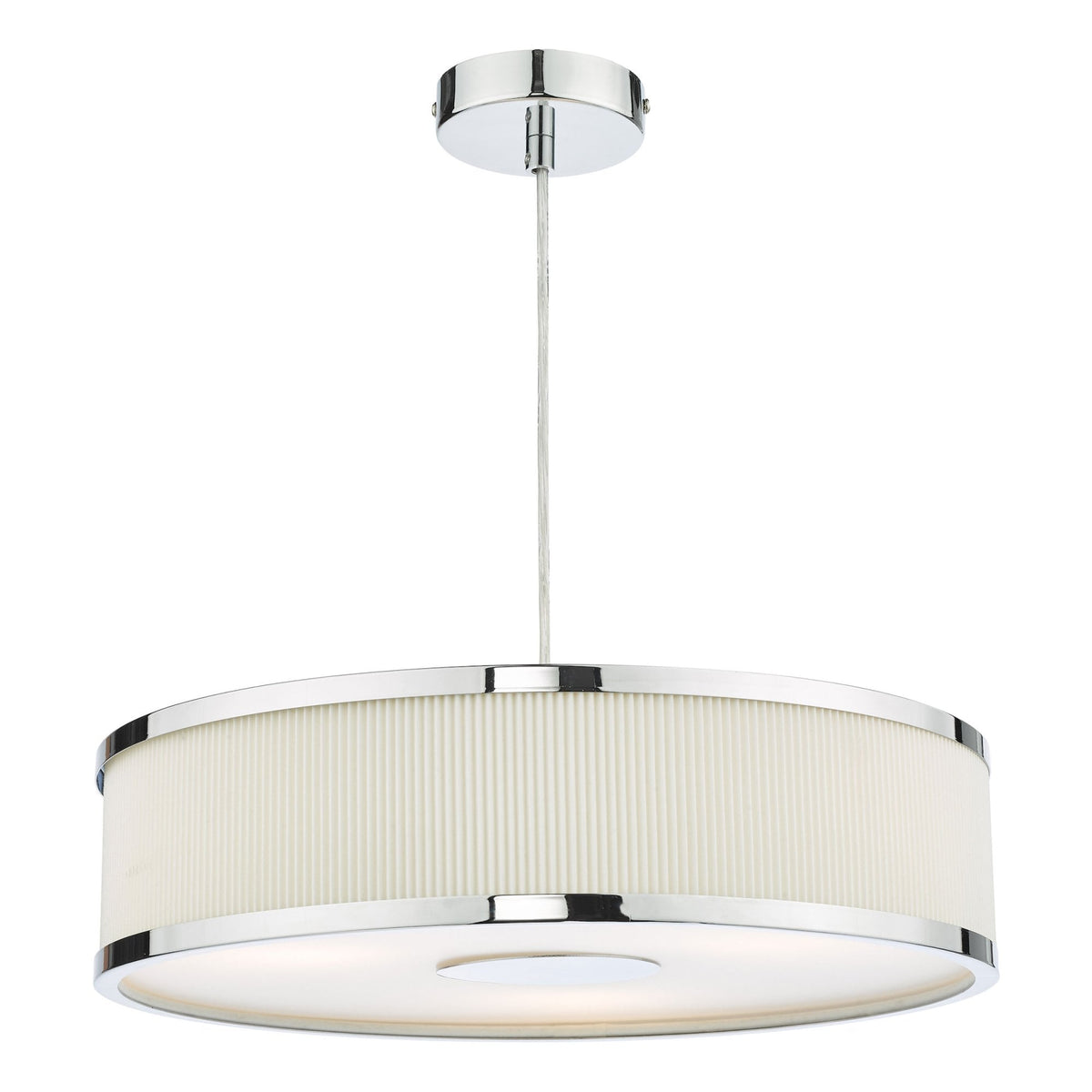 Round pendant light with a pleated cream fabric shade and chrome accents.