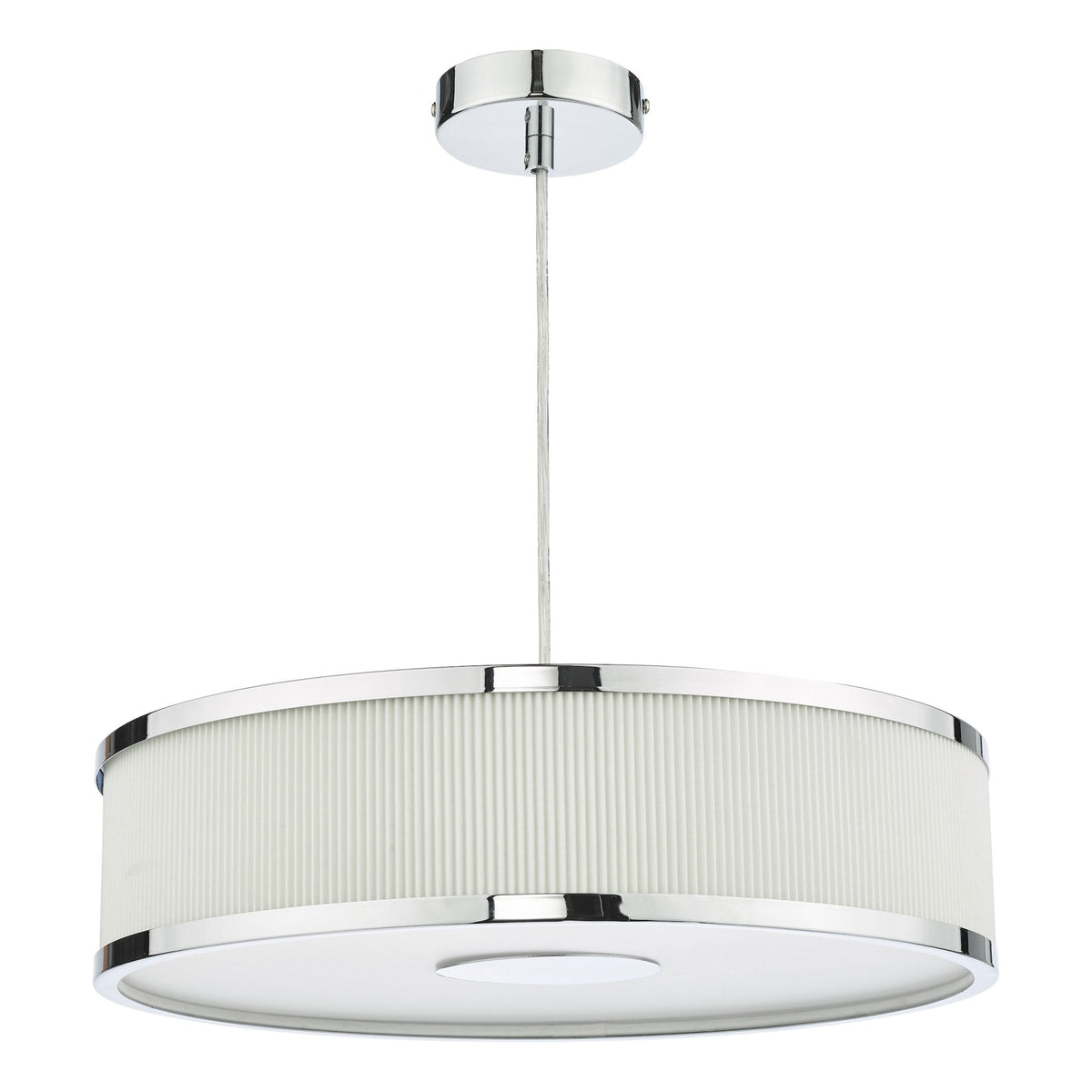 Modern ceiling light with a round, pleated white shade and chrome accents.