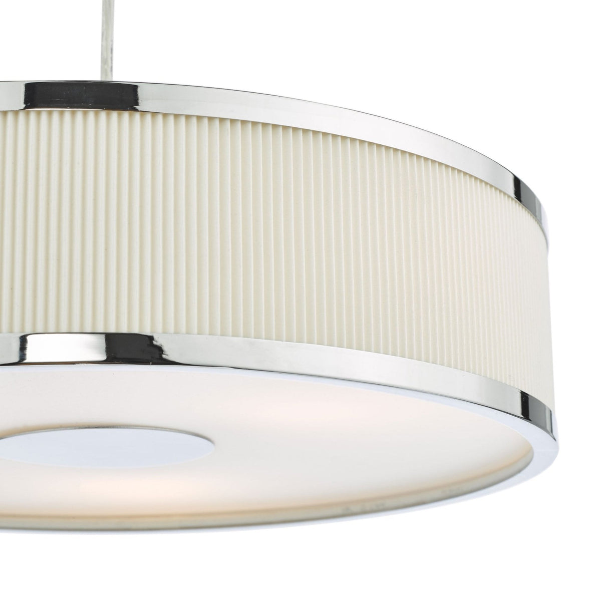 Close-up of a pendant light with a pleated cream shade and chrome accents.