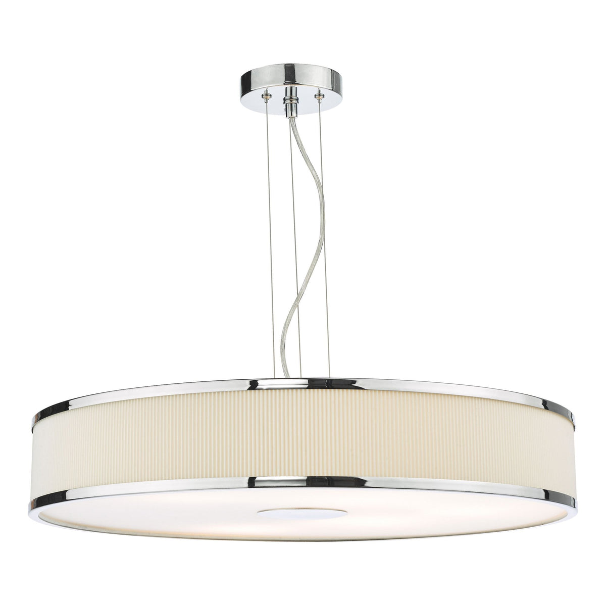 Round ceiling light with a pleated cream shade and chrome trim, hanging from a chrome base.