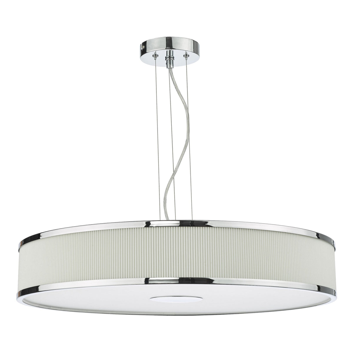 Round ceiling light with a white pleated shade and chrome accents.