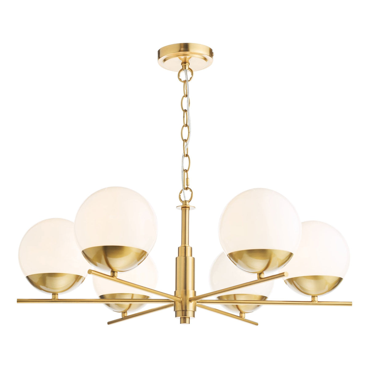 A modern brass chandelier with six white globe lights, suspended by a chain.