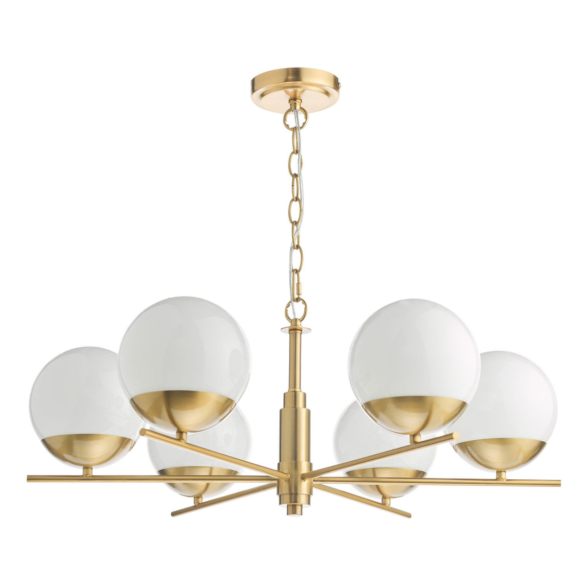 Modern brass chandelier with six white globe lights, suspended by a chain.