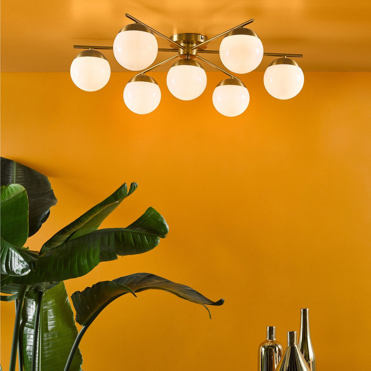 Bombazine Brass Semi-Flush Ceiling Light With Opal Glass Shade