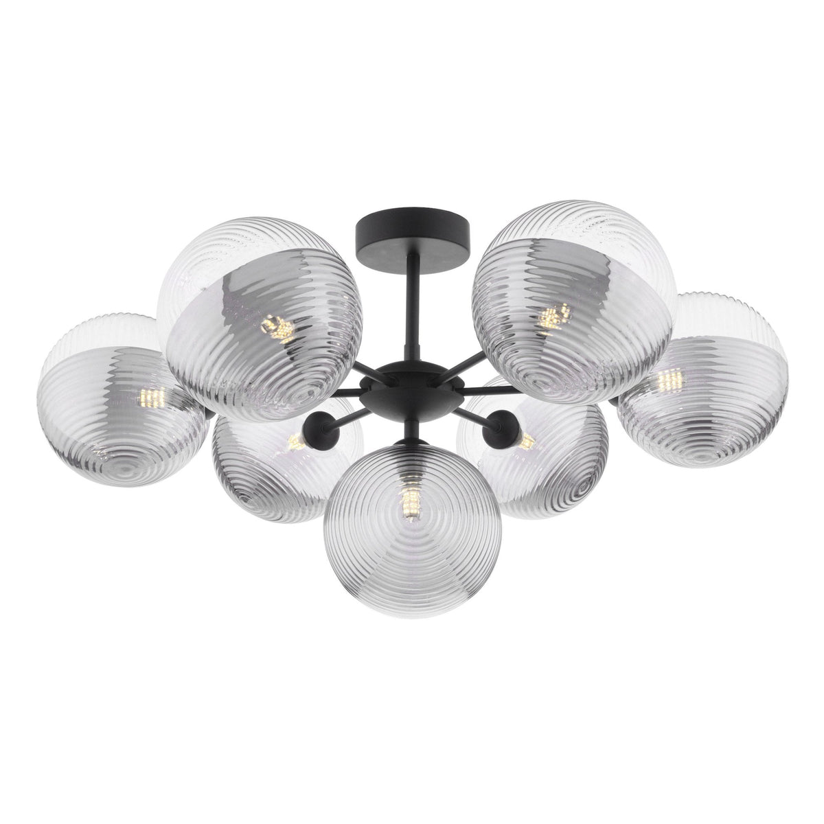 Cohen 7 Light Semi Flush Ceiling Light In Matt Black With Ribbed Glass Shades