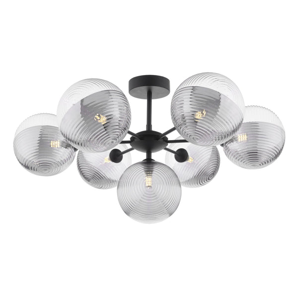 Cohen 7 Light Semi Flush Ceiling Light In Matt Black With Ribbed Glass Shades