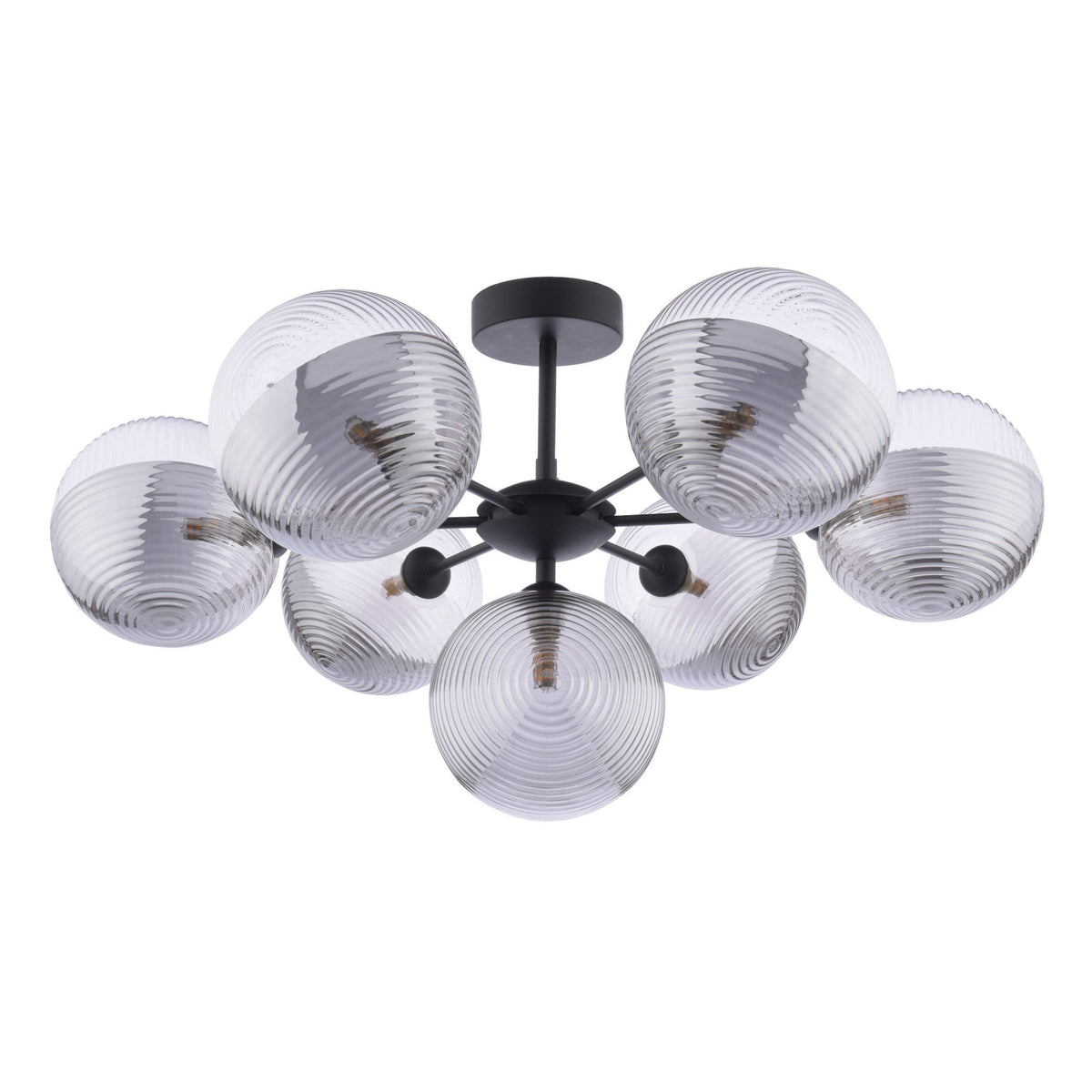 Cohen 7 Light Semi Flush Ceiling Light In Matt Black With Ribbed Glass Shades