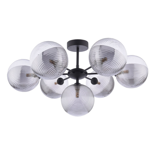 Cohen 7 Light Semi Flush Ceiling Light In Matt Black With Ribbed Glass Shades