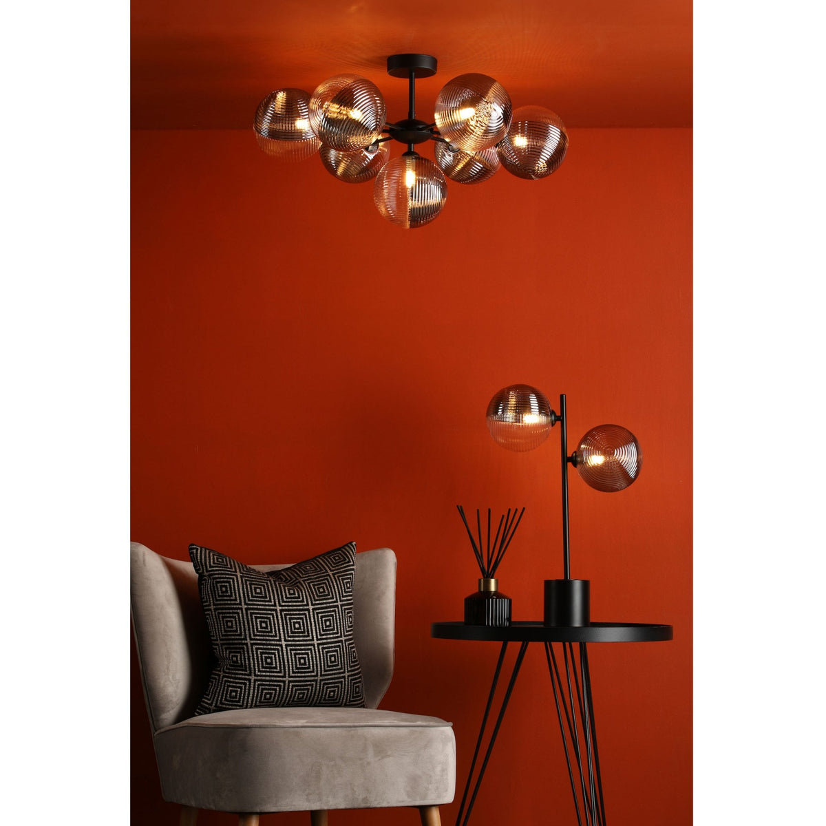 Cohen 7 Light Semi Flush Ceiling Light In Matt Black With Ribbed Glass Shades